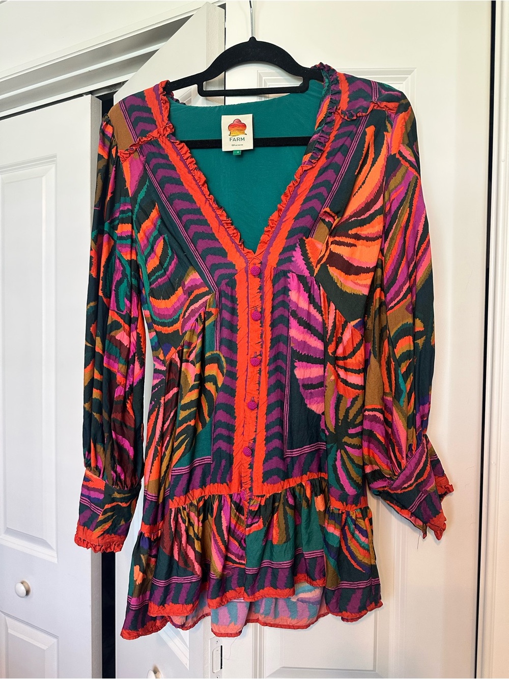FARM Rio Multicolor V-Neck Ruffle-Hem Long Sleeve Tunic